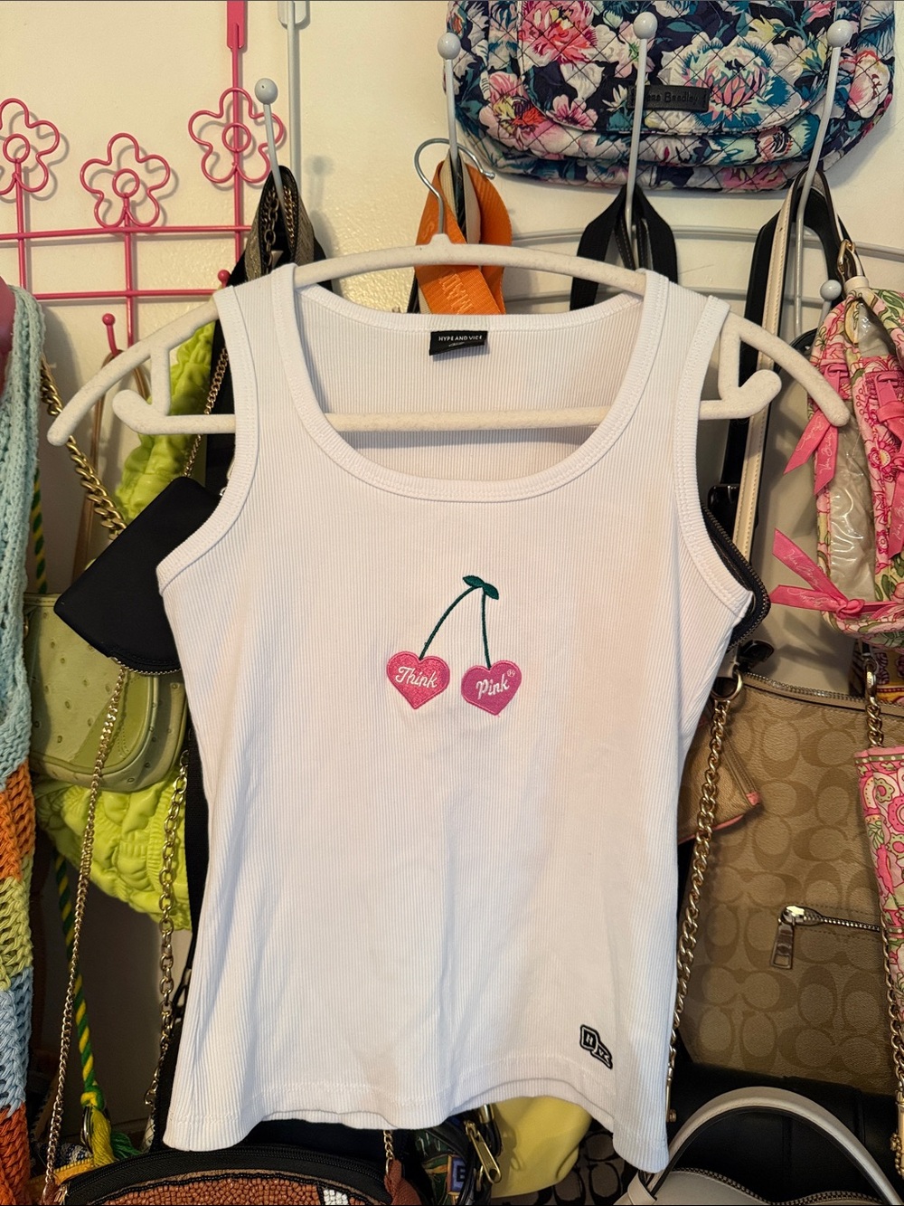 Hype & Vice Pink Embroidered Cherry Graphic White Ribbed Tank Top ◡̈